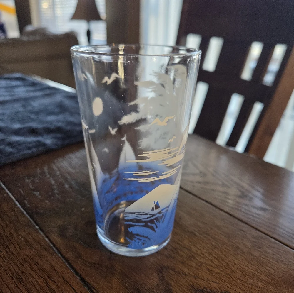 Mid Century Federal Glass Blue Ocean Sailboats & Palm Trees 8oz Glass